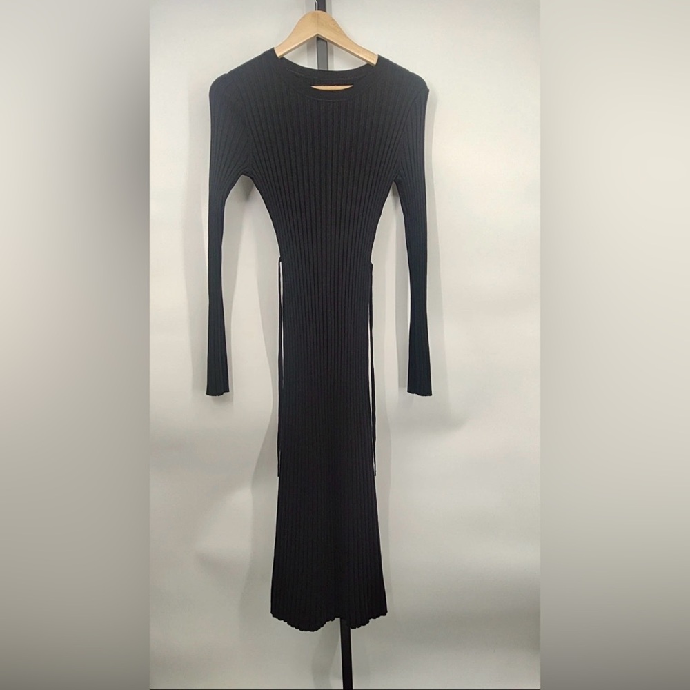 Quince Womens Cotton Cashmere Ribbed Long Sleeve Crew Midi Dress Black M